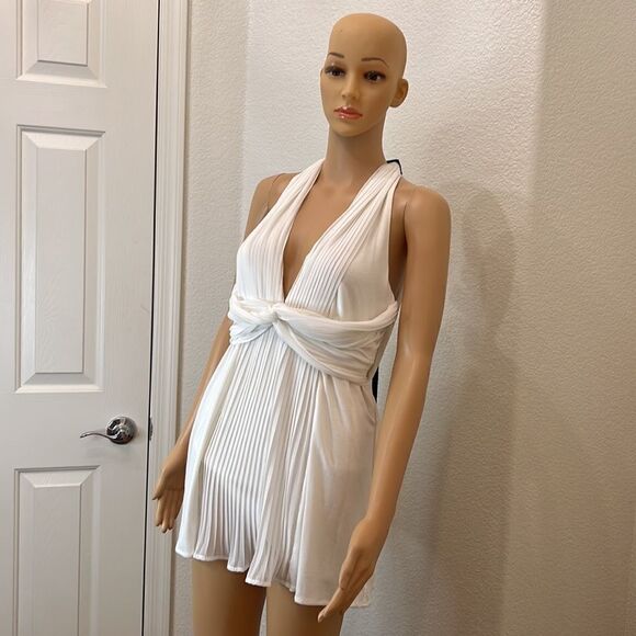MM Couture By Miss Me Top Cream Ivory Off White Pleated  Black Neck Tie Back - Picture 2 of 11